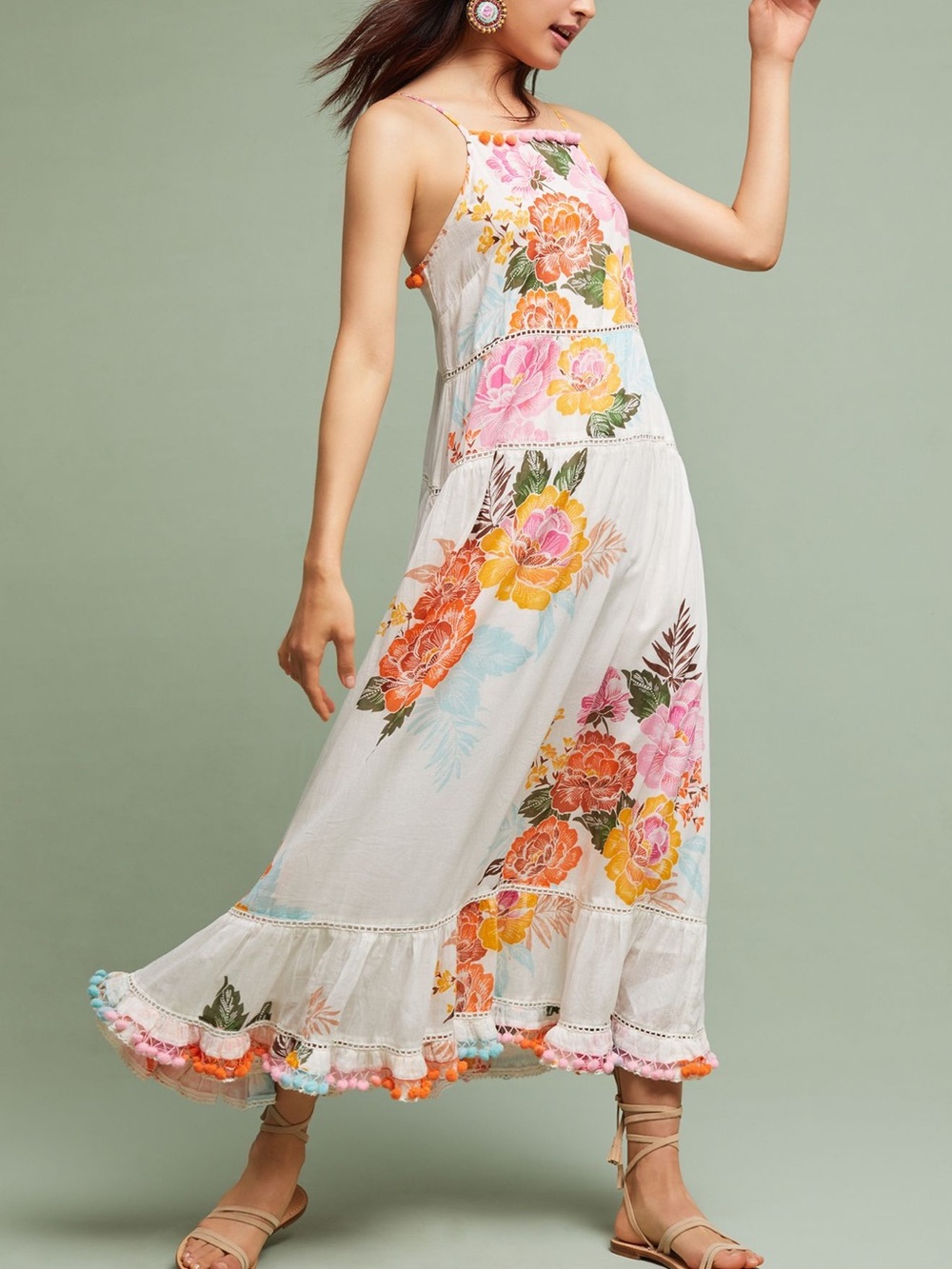 Floral White Tiered Maxi Dress with Pink & Orange Blooms